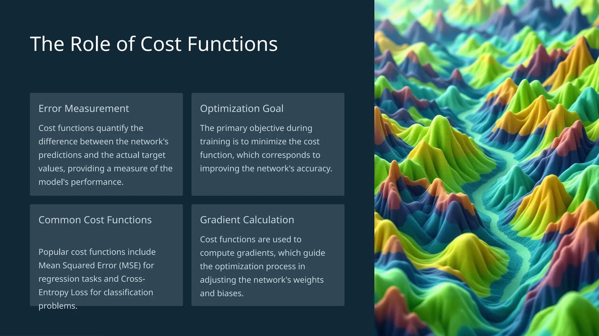 The Role of Cost Functions
Error Measurement
Cost functions quantify the
difference between the network's
predictions and the actual target
values, providing a measure of the
model's performance.
Optimization Goal
The primary objective during
training is to minimize the cost
function, which corresponds to
improving the network's accuracy.
Common Cost Functions
Popular cost functions include
Mean Squared Error (MSE) for
regression tasks and Cross-
Entropy Loss for classification
problems.
Gradient Calculation
Cost functions are used to
compute gradients, which guide
the optimization process in
adjusting the network's weights
and biases.
 