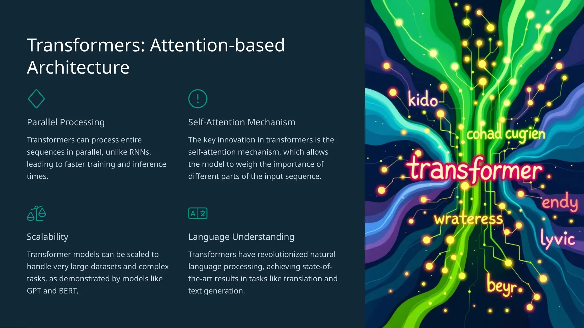 Transformers: Attention-based
Architecture
Parallel Processing
Transformers can process entire
sequences in parallel, unlike RNNs,
leading to faster training and inference
times.
Self-Attention Mechanism
The key innovation in transformers is the
self-attention mechanism, which allows
the model to weigh the importance of
different parts of the input sequence.
Scalability
Transformer models can be scaled to
handle very large datasets and complex
tasks, as demonstrated by models like
GPT and BERT.
Language Understanding
Transformers have revolutionized natural
language processing, achieving state-of-
the-art results in tasks like translation and
text generation.
 