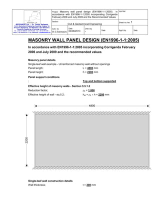 Project: Masonry wall panel design (EN1996-1-1:2005)
in
accordance with EN1996-1-1:2005 incorporating Corrigenda
February 2006 and July 2009 and the Recommended Values

Job Ref.

Section

Sheet no./rev. 1

Civil & Geotechnical Engineering

GEODOMISI Ltd. - Dr. Costas Sachpazis
Civil & Geotechnical Engineering Consulting Company for
Structural Engineering, Soil Mechanics, Rock Mechanics,
Foundation Engineering & Retaining Structures.
Tel.: (+30) 210 5238127, 210 5711263 - Fax.:+30 210 5711461 Mobile: (+30) 6936425722 & (+44) 7585939944, costas@sachpazis.info

Calc. by

Date

Dr.C.Sachpazis 04/08/2013

Chk'd by

-

Date

App'd by

Date

MASONRY WALL PANEL DESIGN (EN1996-1-1:2005)
In accordance with EN1996-1-1:2005 incorporating Corrigenda February
2006 and July 2009 and the recommended values
Masonry panel details
Single-leaf wall example - Unreinforced masonry wall without openings
Panel length;

L = 4800 mm

Panel height;

h = 2200 mm

Panel support conditions
;

Top and bottom supported

Effective height of masonry walls - Section 5.5.1.2
Reduction factor;

ρ2 = 1.000

Effective height of wall - eq 5.2;

hef = ρ2 × h = 2200 mm

Single-leaf wall construction details
Wall thickness;

t = 200 mm

 