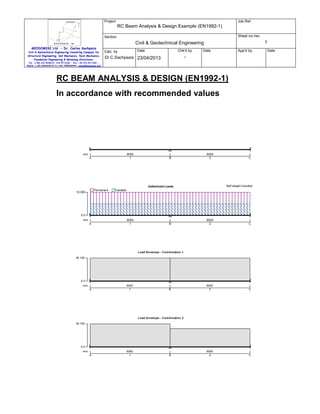 Project

Job Ref.

RC Beam Analysis & Design Example (EN1992-1)
Sheet no./rev.

Section

1

Civil & Geotechnical Engineering
GEODOMISI Ltd. - Dr. Costas Sachpazis
Civil & Geotechnical Engineering Consulting Company for
Structural Engineering, Soil Mechanics, Rock Mechanics,
Foundation Engineering & Retaining Structures.

Date

Calc. by

Chk'd by

Date

App'd by

-

Dr.C.Sachpazis 23/04/2013

Tel.: (+30) 210 5238127, 210 5711263 - Fax.:+30 210 5711461 Mobile: (+30) 6936425722 & (+44) 7585939944, costas@sachpazis.info

RC BEAM ANALYSIS & DESIGN (EN1992-1)
In accordance with recommended values

Load Envelope - Com bination 1
36.192

0.0
mm
A

8000
1

B

8000
2

C

8000
2

C

Load Envelope - Com bination 2
36.192

0.0
mm
A

8000
1

B

Date

 