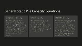General Static Pile Capacity Equations
Compression Capacity
The ultimate pile capacity in
compression is given by Equation
16-5a: Pu = Ppu + Psi,u or Pu = Pp
∑
+ Psi,u, where Ppu is the ultimate
∑
pile tip capacity, and Psi,u is the
∑
ultimate skin resistance developing
simultaneously with the tip
capacity.
Tension Capacity
The ultimate tension (pullout)
capacity is calculated using
Equation 16-5b: Tu = Psi,u + Wp,
∑
where Psi,u is the ultimate skin
∑
resistance and Wp is the weight of
the pile being pulled.
Allowable Capacity
The allowable pile capacity based
on soil resistance can be
determined by either applying
separate safety factors to tip and
skin components (Equation 16-5c):
Pa = Pp/SFp + Psi/SFs, or more
∑
commonly, by applying a single
safety factor: Pa = Pu/SF.
 