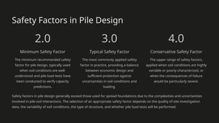 Safety Factors in Pile Design
2.0
Minimum Safety Factor
The minimum recommended safety
factor for pile design, typically used
when soil conditions are well-
understood and pile load tests have
been conducted to verify capacity
predictions.
3.0
Typical Safety Factor
The most commonly applied safety
factor in practice, providing a balance
between economic design and
sufficient protection against
uncertainties in soil conditions and
loading.
4.0
Conservative Safety Factor
The upper range of safety factors,
applied when soil conditions are highly
variable or poorly characterized, or
when the consequences of failure
would be particularly severe.
Safety factors in pile design generally exceed those used for spread foundations due to the complexities and uncertainties
involved in pile-soil interactions. The selection of an appropriate safety factor depends on the quality of site investigation
data, the variability of soil conditions, the type of structure, and whether pile load tests will be performed.
 