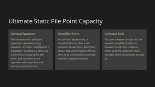 Ultimate Static Pile Point Capacity
General Equation
The ultimate static pile point
capacity is calculated using
Equation 16-6: Ppu = Ap(cN'cdcsc +
qN'qdqsq + ½γ'BpNγsγ), where Ap
is the effective area of the pile
point, and the other terms
represent soil properties and
bearing capacity factors.
Simplified Form
For practical applications, a
simplified form is often used
(Equation 16-6a): Ppu = Ap[cN'cdc +
q(N'q-1)dq], which neglects the Nγ
term as its contribution is typically
small for deep foundations.
Cohesive Soils
For pure cohesive soils (φ = 0), the
equation simplifies further to
Equation 16-6b: Ppu = Ap(9su),
where su is the undrained shear
strength of the soil beneath the pile
tip.
 