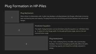 Plug Formation in HP-Piles
1
Plug Mechanism
When driven in cohesionless soils, H-piles may develop a soil plug between the flanges, effectively increasing
their end-bearing area and capacity. The plug forms due to soil arching and friction between the soil and pile
flanges.
2
Prediction Equation
The depth of plug formation can be estimated using the equation: xp = (bf/2)(tan δ/tan
φ - 1), where bf is the flange width, δ is the pile-soil friction angle, and φ is the soil
internal friction angle.
3
Plug Assessment
If xp > bf/2, a full plug forms; if smaller, only a partial plug
develops. The extent of plugging significantly affects the pile's
end-bearing capacity and should be carefully evaluated in
design.
 