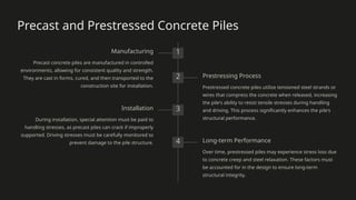 Precast and Prestressed Concrete Piles
1
Manufacturing
Precast concrete piles are manufactured in controlled
environments, allowing for consistent quality and strength.
They are cast in forms, cured, and then transported to the
construction site for installation.
2 Prestressing Process
Prestressed concrete piles utilize tensioned steel strands or
wires that compress the concrete when released, increasing
the pile's ability to resist tensile stresses during handling
and driving. This process significantly enhances the pile's
structural performance.
3
Installation
During installation, special attention must be paid to
handling stresses, as precast piles can crack if improperly
supported. Driving stresses must be carefully monitored to
prevent damage to the pile structure. 4 Long-term Performance
Over time, prestressed piles may experience stress loss due
to concrete creep and steel relaxation. These factors must
be accounted for in the design to ensure long-term
structural integrity.
 