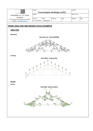 GEODOMISI Ltd. - Dr. Costas
Sachpazis
Civil & Geotechnical Engineering Consulting
Company – www.geodomisi.com
Project
Truss Analysis and Design, to EC3
Job Ref.
Section Sheet no./rev.
1
Calc. by
Dr. C. Sachpazis
Date
28-Feb-21
Chk'd by Date App'd by Date
TRUSS ANALYSIS AND DESIGN TO EC3 EXAMPLE
ANALYSIS
Geometry
Geometry (m) - Steel (BS5950)
Loading
Roof D&S - Loading (kN)
Results
Forces
Roof D&S - Moment (kNm)
1
9
3
.
2
8
1
2
0
3
.
2
8
1
2
1
3
.
2
6
5
2
2
3
.
2
9
8
2
5
3
.
2
8
1
2
6
3
.
2
8
1
3
6
3
.
2
8
2
3
7
3
.
2
8
2
 