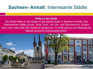 Sachsen- Anhalt: Interresante Städte
Halle an der Saale
Die Stadt Halle an der Saale ist die größte Stadt in Sachsen-Anhalt. Das
Wahrzeichen Halles ist der „Rote Turm“, ein Uhr- und Glockenturm. Zudem
kann man viele tolle alte Gebäude bestaunen. In Halle gibt es zum Beispiel die
älteste deutsche Schokoladenfabrik.
 