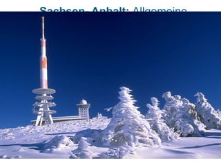 Sachsen- Anhalt: Allgemeine
Informationen
Der Brocken ist der
höchste Berg im
Norden Deutschlands
und des Harzes. Sein
Gipfel liegt in 1141 m
Höhe über dem Meer.
Um auf den Brocken
zu gelangen, haben
die Menschen die
Wahl zwischen einer
Fahrt mit der
Brockenbahn oder
dem Aufstieg zu Fuß.
 