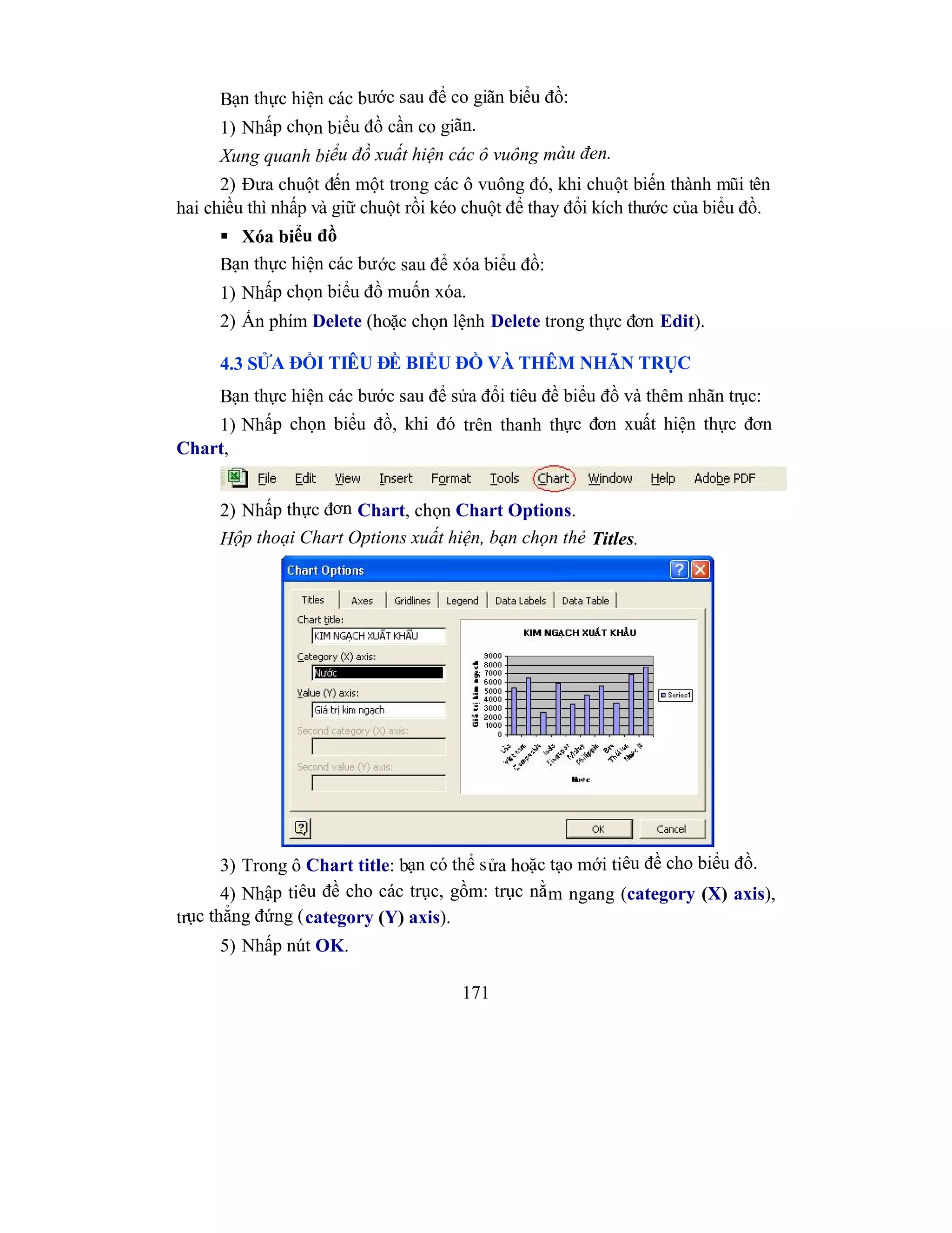 171
Bạn thực hiện các bước sau để co giãn biểu đồ:
1) Nhấp chọn biểu đồ cần co giãn.
Xung quanh biểu đồ xuất hiện các ô vuông màu đen.
2) Đưa chuột đến một trong các ô vuông đó, khi chuột biến thành mũi tên
hai chiều thì nhấp và giữ chuột rồi kéo chuột để thay đổi kích thước của biểu đồ.
 Xóa biểu đồ
Bạn thực hiện các bước sau để xóa biểu đồ:
1) Nhấp chọn biểu đồ muốn xóa.
2) Ấn phím Delete (hoặc chọn lệnh Delete trong thực đơn Edit).
4.3 SỬA ĐỔI TIÊU ĐỀ BIỂU ĐỒ VÀ THÊM NHÃN TRỤC
Bạn thực hiện các bước sau để sửa đổi tiêu đề biểu đồ và thêm nhãn trục:
1) Nhấp chọn biểu đồ, khi đó trên thanh thực đơn xuất hiện thực đơn
Chart,
2) Nhấp thực đơn Chart, chọn Chart Options.
Hộp thoại Chart Options xuất hiện, bạn chọn thẻ Titles.
3) Trong ô Chart title: bạn có thể sửa hoặc tạo mới tiêu đề cho biểu đồ.
4) Nhập tiêu đề cho các trục, gồm: trục nằm ngang (category (X) axis),
trục thẳng đứng (category (Y) axis).
5) Nhấp nút OK.
 