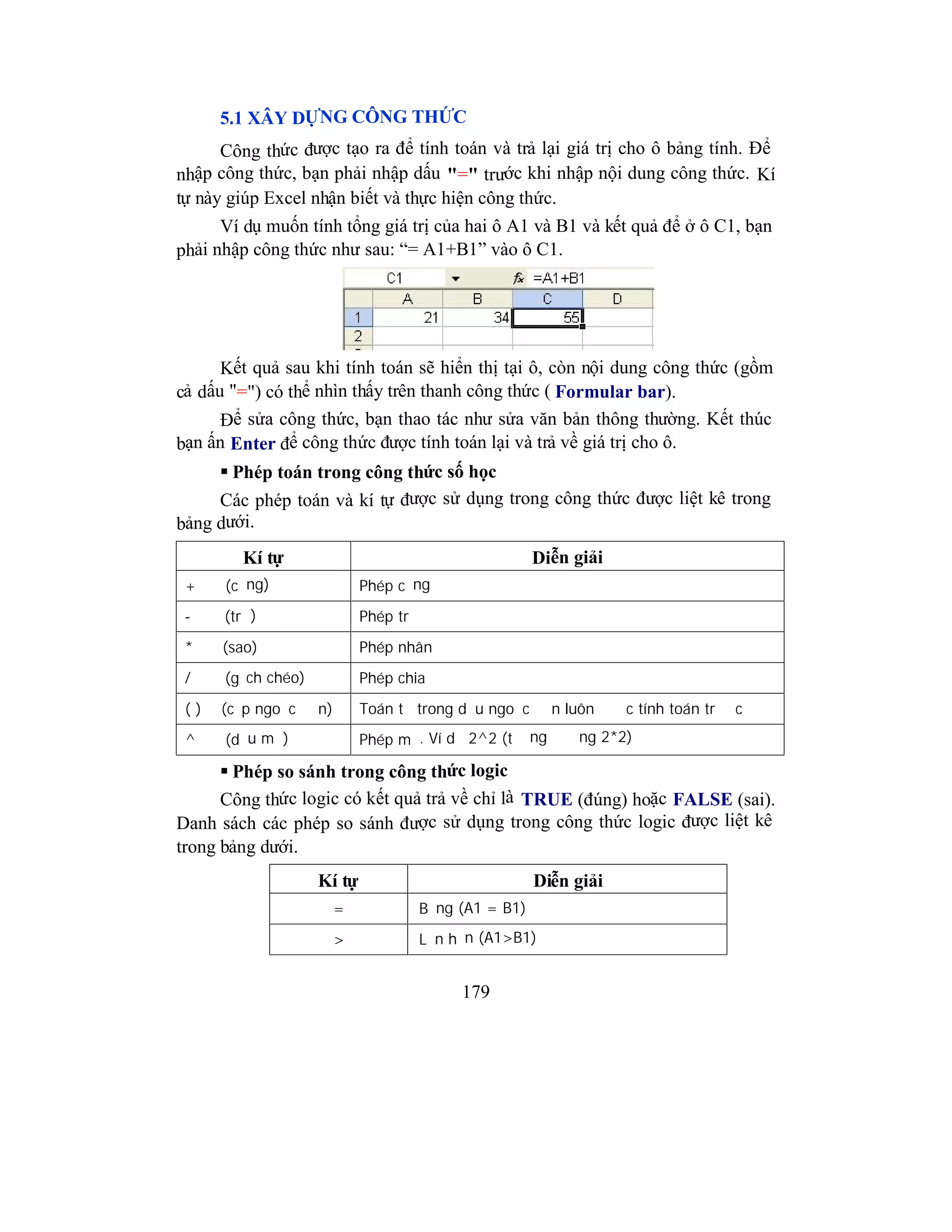 179
5.1 XÂY DỰNG CÔNG THỨC
Công thức được tạo ra để tính toán và trả lại giá trị cho ô bảng tính. Để
nhập công thức, bạn phải nhập dấu "=" trước khi nhập nội dung công thức. Kí
tự này giúp Excel nhận biết và thực hiện công thức.
Ví dụ muốn tính tổng giá trị của hai ô A1 và B1 và kết quả để ở ô C1, bạn
phải nhập công thức như sau: “= A1+B1” vào ô C1.
Kết quả sau khi tính toán sẽ hiển thị tại ô, còn nội dung công thức (gồm
cả dấu "=") có thể nhìn thấy trên thanh công thức ( Formular bar).
Để sửa công thức, bạn thao tác như sửa văn bản thông thường. Kết thúc
bạn ấn Enter để công thức được tính toán lại và trả về giá trị cho ô.
 Phép toán trong công thức số học
Các phép toán và kí tự được sử dụng trong công thức được liệt kê trong
bảng dưới.
Kí tự Diễn giải
+ (cộng) Phép cộng
- (trừ) Phép trừ
* (sao) Phép nhân
/ (gạch chéo) Phép chia
( ) (cặp ngoặc đơn) Toán tử trong dấu ngoặc đơn luôn được tính toán trước
^ (dấu mũ) Phép mũ. Ví dụ 2^2 (tương đương 2*2)
 Phép so sánh trong công thức logic
Công thức logic có kết quả trả về chỉ là TRUE (đúng) hoặc FALSE (sai).
Danh sách các phép so sánh được sử dụng trong công thức logic được liệt kê
trong bảng dưới.
Kí tự Diễn giải
= Bằng (A1 = B1)
> Lớn hơn (A1>B1)
 