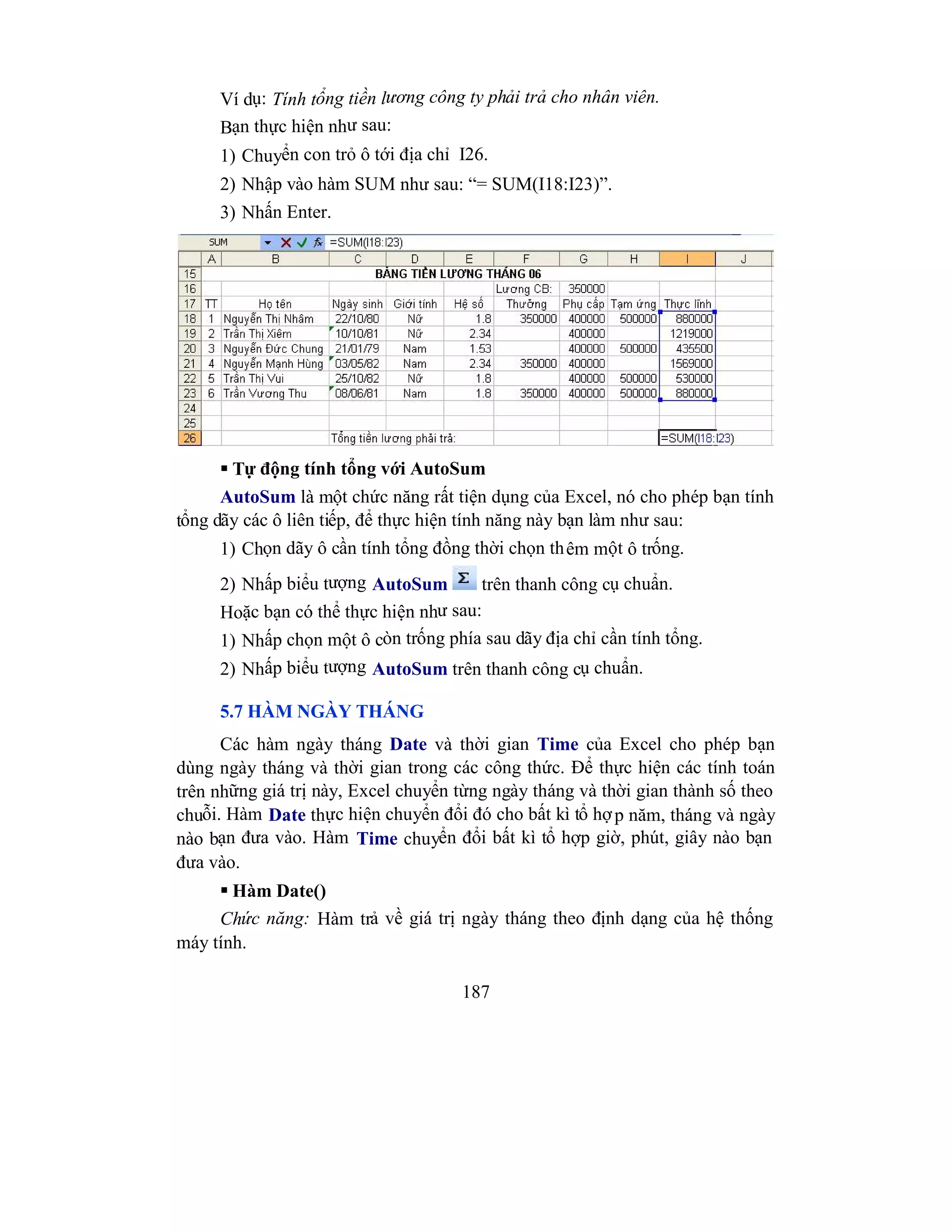 187
Ví dụ: Tính tổng tiền lương công ty phải trả cho nhân viên.
Bạn thực hiện như sau:
1) Chuyển con trỏ ô tới địa chỉ I26.
2) Nhập vào hàm SUM như sau: “= SUM(I18:I23)”.
3) Nhấn Enter.
 Tự động tính tổng với AutoSum
AutoSum là một chức năng rất tiện dụng của Excel, nó cho phép bạn tính
tổng dãy các ô liên tiếp, để thực hiện tính năng này bạn làm như sau:
1) Chọn dãy ô cần tính tổng đồng thời chọn thêm một ô trống.
2) Nhấp biểu tượng AutoSum trên thanh công cụ chuẩn.
Hoặc bạn có thể thực hiện như sau:
1) Nhấp chọn một ô còn trống phía sau dãy địa chỉ cần tính tổng.
2) Nhấp biểu tượng AutoSum trên thanh công cụ chuẩn.
5.7 HÀM NGÀY THÁNG
Các hàm ngày tháng Date và thời gian Time của Excel cho phép bạn
dùng ngày tháng và thời gian trong các công thức. Để thực hiện các tính toán
trên những giá trị này, Excel chuyển từng ngày tháng và thời gian thành số theo
chuỗi. Hàm Date thực hiện chuyển đổi đó cho bất kì tổ hợp năm, tháng và ngày
nào bạn đưa vào. Hàm Time chuyển đổi bất kì tổ hợp giờ, phút, giây nào bạn
đưa vào.
 Hàm Date()
Chức năng: Hàm trả về giá trị ngày tháng theo định dạng của hệ thống
máy tính.
 