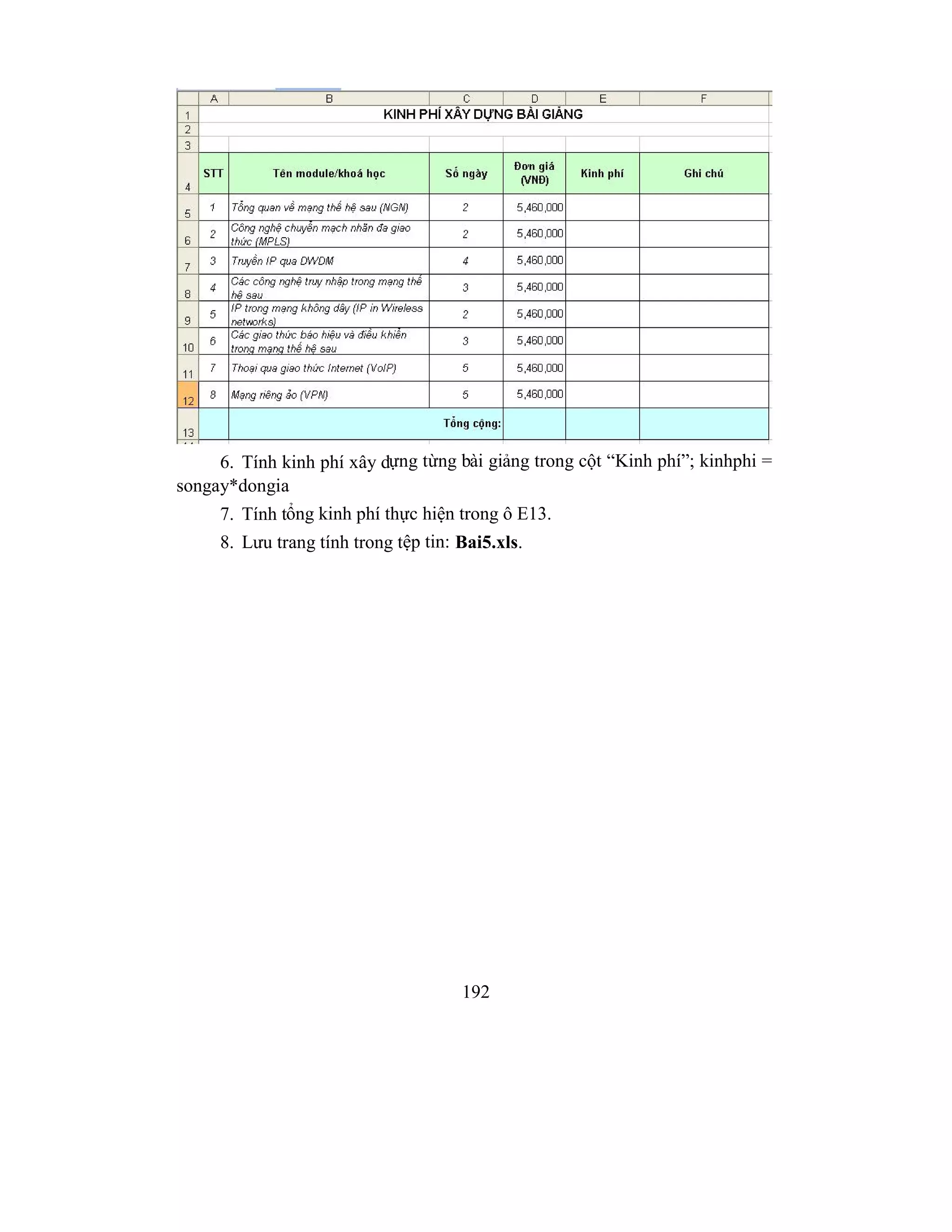 192
6. Tính kinh phí xây dựng từng bài giảng trong cột “Kinh phí”; kinhphi =
songay*dongia
7. Tính tổng kinh phí thực hiện trong ô E13.
8. Lưu trang tính trong tệp tin: Bai5.xls.
 
