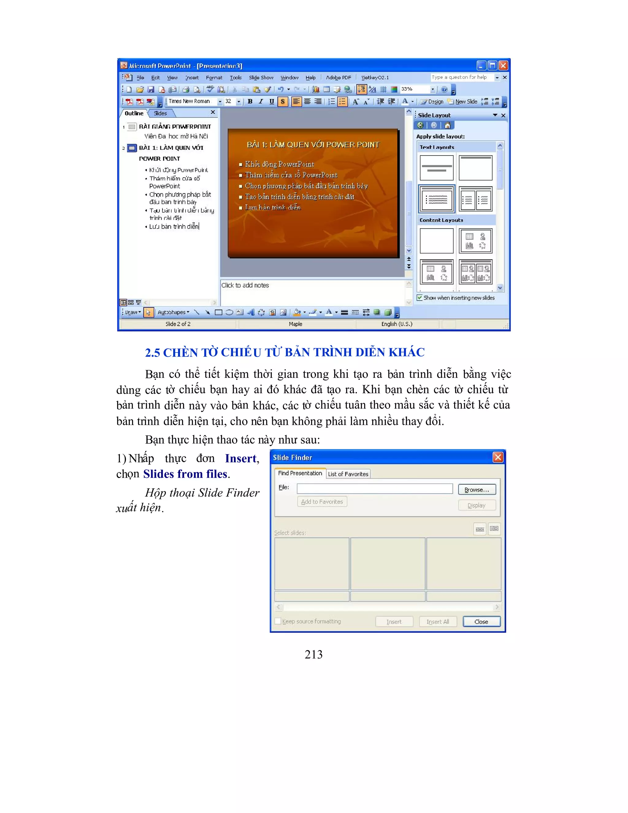 213
2.5 CHÈN TỜ CHIẾU TỪ BẢN TRÌNH DIỄN KHÁC
Bạn có thể tiết kiệm thời gian trong khi tạo ra bản trình diễn bằng việc
dùng các tờ chiếu bạn hay ai đó khác đã tạo ra. Khi bạn chèn các tờ chiếu từ
bản trình diễn này vào bản khác, các tờ chiếu tuân theo mầu sắc và thiết kế của
bản trình diễn hiện tại, cho nên bạn không phải làm nhiều thay đổi.
Bạn thực hiện thao tác này như sau:
1) Nhấp thực đơn Insert,
chọn Slides from files.
Hộp thoại Slide Finder
xuất hiện.
 
