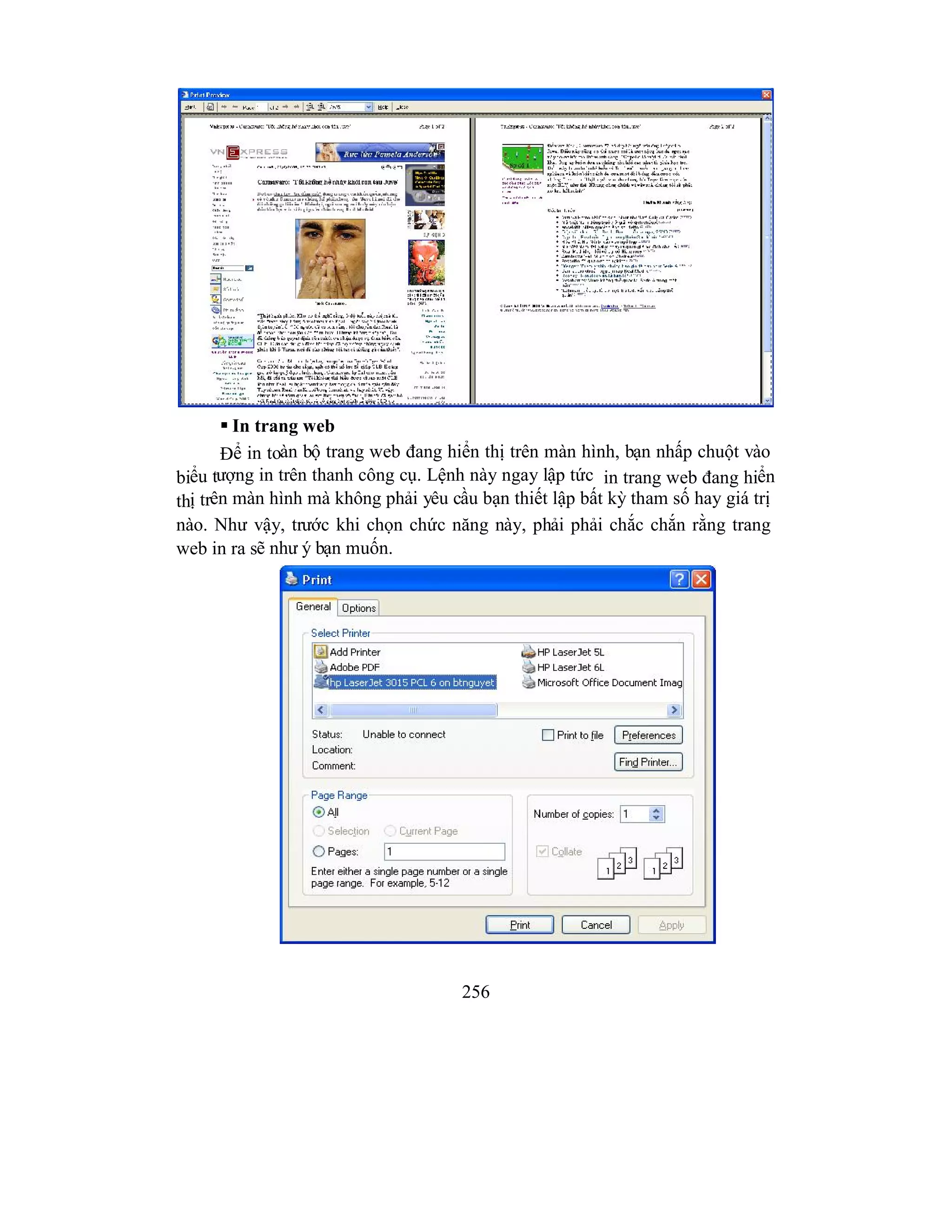 256
 In trang web
Để in toàn bộ trang web đang hiển thị trên màn hình, bạn nhấp chuột vào
biểu tượng in trên thanh công cụ. Lệnh này ngay lập tức in trang web đang hiển
thị trên màn hình mà không phải yêu cầu bạn thiết lập bất kỳ tham số hay giá trị
nào. Như vậy, trước khi chọn chức năng này, phải phải chắc chắn rằng trang
web in ra sẽ như ý bạn muốn.
 