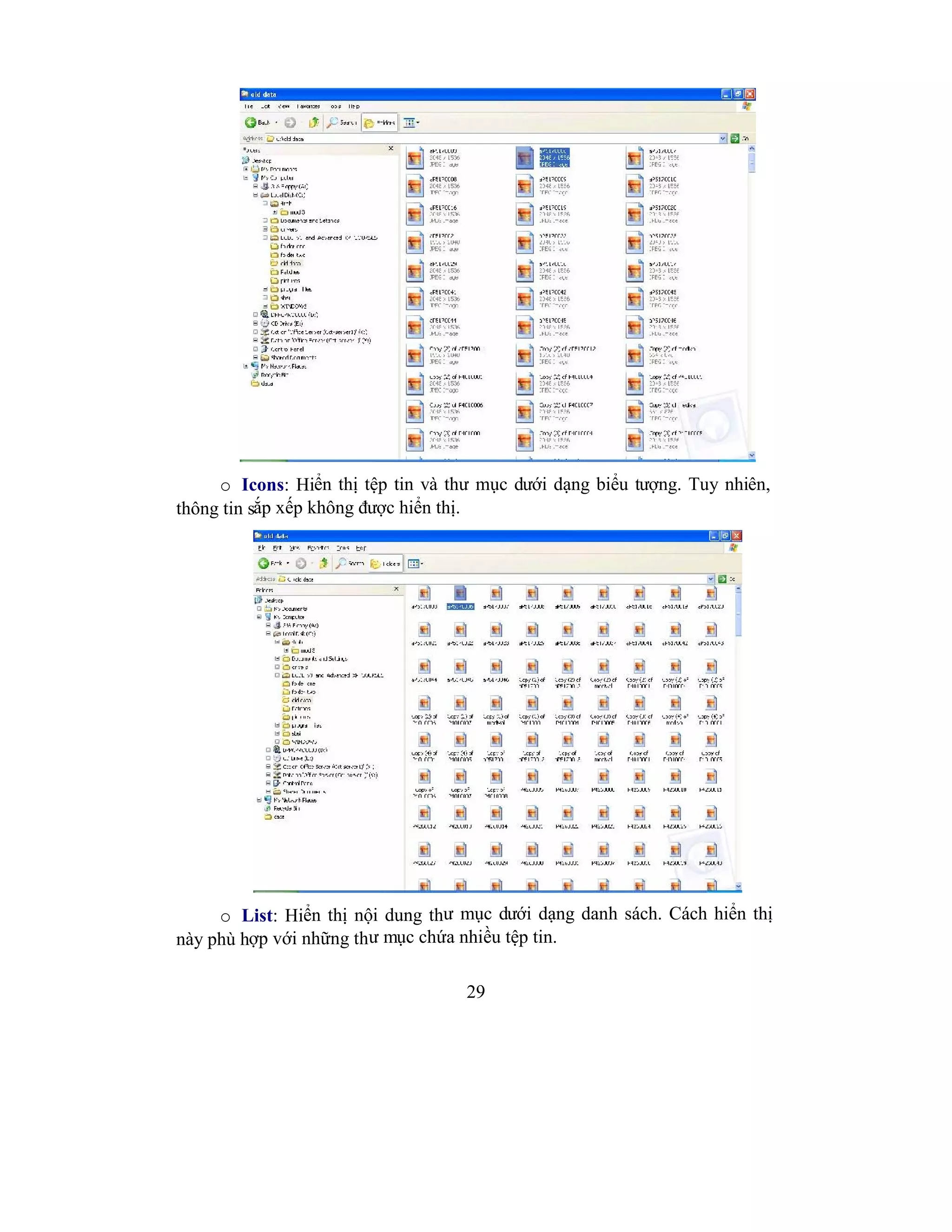 29
o Icons: Hiển thị tệp tin và thư mục dưới dạng biểu tượng. Tuy nhiên,
thông tin sắp xếp không được hiển thị.
o List: Hiển thị nội dung thư mục dưới dạng danh sách. Cách hiển thị
này phù hợp với những thư mục chứa nhiều tệp tin.
 