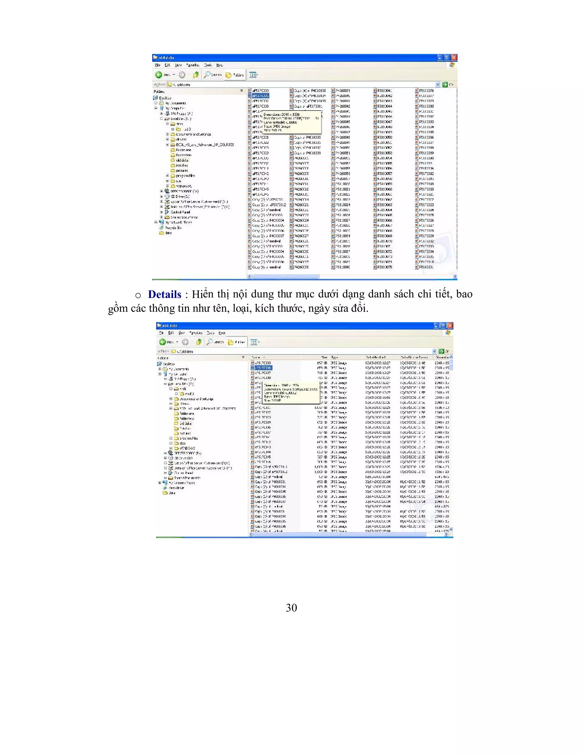 30
o Details : Hiển thị nội dung thư mục dưới dạng danh sách chi tiết, bao
gồm các thông tin như tên, loại, kích thước, ngày sửa đổi.
 