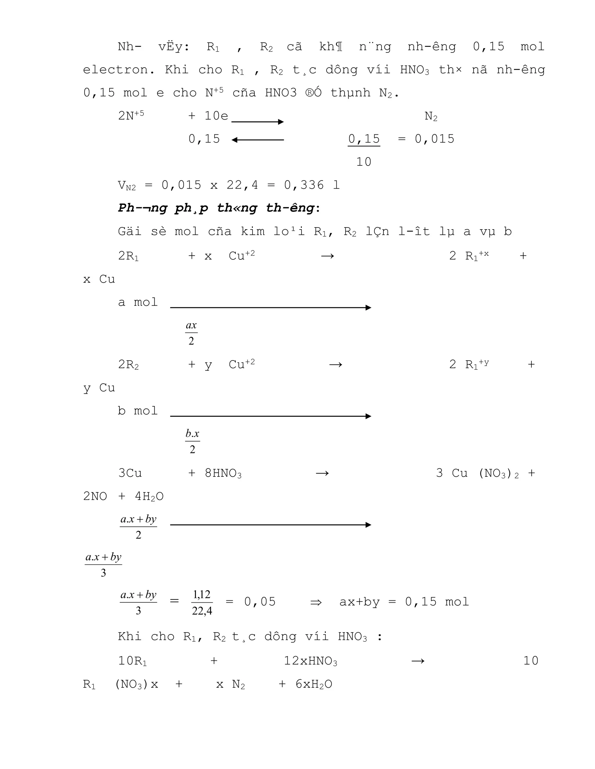 Nh- vËy: R1 , R2 cã kh¶ n¨ng nh-êng 0,15 mol
electron. Khi cho R1 , R2 t¸c dông víi HNO3 th× nã nh-êng
0,15 mol e cho N+5 cña HNO3 ®Ó thµnh N2.
2N+5 + 10e N2
0,15 0,15 = 0,015
10
VN2 = 0,015 x 22,4 = 0,336 l
Ph-¬ng ph¸p th«ng th-êng:
Gäi sè mol cña kim lo¹i R1, R2 lÇn l-ît lµ a vµ b
2R1 + x Cu+2 → 2 R1
+x +
x Cu
a mol
2
ax
2R2 + y Cu+2 → 2 R1
+y +
y Cu
b mol
2
.xb
3Cu + 8HNO3 → 3 Cu (NO3)2 +
2NO + 4H2O
2
. byxa 
3
. byxa 
3
. byxa 
=
4,22
12,1
= 0,05  ax+by = 0,15 mol
Khi cho R1, R2 t¸c dông víi HNO3 :
10R1 + 12xHNO3 → 10
R1 (NO3)x + x N2 + 6xH2O
 