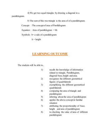 4) We get two equal triangles by drawing a diagonal in a 
parallelogram. 
5) The sum of this two triangle is the area of of a parallelogram. 
Concept : The concept of area of Parallelogram 
Equation : Area of parallelogram = bh 
Symbols: b= a side of a parallelogram 
h = height 
LEARNING OUTCOME 
The students will be able to, 
1) recalls the knowledge of information 
related to triangle, Parallelogram, 
diagonal base, height and area. 
2) recognizes the different geometrical 
figures of quadrilaterals 
3) exemplifying the different geometrical 
quadrilaterals 
4) comparing the area of triangle and 
parallelogram 
5) inferring about the area of parallelogram 
6) applies the above concept in familiar 
situation 
7) attributing the proportionality of base, 
height and area of parallelogram 
8) to checking the value of area of different 
parallelogram 
 