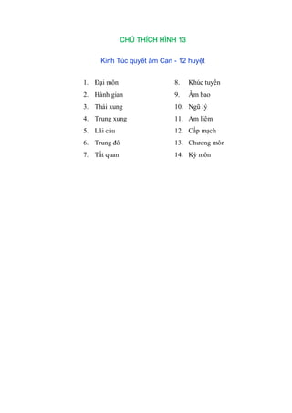 CHÚ THÍCH HÌNH 13
Kinh Túc quyết âm Can - 12 huyệt
1. Đại môn
2. Hành gian
3. Thái xung
4. Trung xung
5. Lãi câu
6. Trung đô
7. Tất quan
8. Khúc tuyền
9. Âm bao
10. Ngũ lý
11. Am liêm
12. Cấp mạch
13. Chƣơng môn
14. Kỳ môn
 