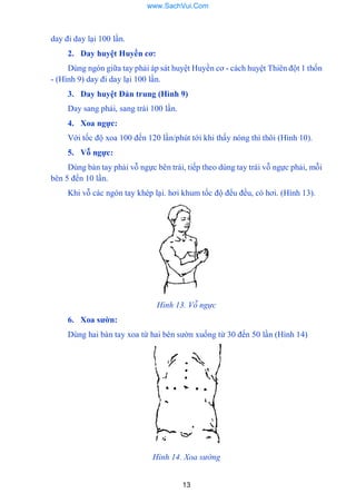 13
day đi day lại 100 lần.
2. Day huyệt Huyền cơ:
Dùng ngón giữa tay phải áp sát huyệt Huyền cơ - cách huyệt Thiên đột 1 thốn
- (Hình 9) day đi day lại 100 lần.
3. Day huyệt Đản trung (Hình 9)
Day sang phải, sang trái 100 lần.
4. Xoa ngực:
Với tốc độ xoa 100 đến 120 lần/phút tới khi thấy nóng thì thôi (Hình 10).
5. Vỗ ngực:
Dùng bàn tay phải vỗ ngực bên trái, tiếp theo dùng tay trái vỗ ngực phải, mỗi
bên 5 đến 10 lần.
Khi vỗ các ngón tay khép lại. hơi khum tốc độ đểu đều, có hơi. (Hình 13).
Hình 13. Vỗ ngực
6. Xoa sƣờn:
Dùng hai bàn tay xoa từ hai bên sƣờn xuống từ 30 đến 50 lần (Hình 14)
Hình 14. Xoa sường
www.SachVui.Com
 