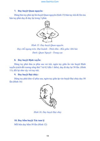 14
7. Day huyệt Quan nguyên:
Dùng bàn tay phải áp lên huyệt Quan nguyên (hình 15) bàn tay trái đè lên mu
bàn tay phải day đi day lại trong 3 phút.
Hình 15: Day huyệt Quan nguyên.
Day chỗ ngang trên; Đại hoành - Thiên khu - Rốn giữa: Khí hải.
Dưới: Quan Nguyệt - Trung cực
8. Day huyệt Định xuyễn:
Dùng tay phải đƣa ra phía sau vai trái, ngón tay giữa ấn vào huyệt Định
xuyễn (cách đốt xƣơng sống thứ 7 từ 0,5 đến 1 thốn), day đi day lại 50 lần. (Hình
11); đổi lại nhƣ vậy vói tay trái.
9. Day huyệt Đại chùy:
Dùng tay phải đƣa về phía sau, ngón tay giữa áp vào huyệt Đại chùy day 50
lần (Hình 16)
Hình 16. Day huyệt Đại chùy
10. Day bấm huyệt Túc tam lý
Mỗi bên day bấm 50 lần (Hình 12)
www.SachVui.Com
 