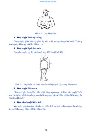 24
Hình 24. Day Đan điền
3. Day huyệt Trƣờng cƣờng:
Dùng ngón giữa bàn tay phải áp vào cuối xƣơng sống chồ huyệt Trƣờng
cƣờng day khoảng 300 lần (Hình 11)
4. Day huyệt Bạch hoàn du:
Dùng hai ngón tay ấn vào huyệt day 100 lần (Hình 11)
Hình 25. Day bấm chi dưới từ trên xuống huyệt Ủy trung, Thừa sơn
5. Day huyệt Thừa sơn:
Chân trái gác thẳng lên chân phải, dùng ngón tay cái bấm vào huyệt Thừa
sơn (nơi giao hội hai cơ bắp) sau đó làm ngƣợc lại với chân phải mỗi bên day ấn
100 lần (Hình 25)
6. Day bấm huyệt Kiên tỉnh:
Vối ngón giữa tay phải bấm huyệt Kiên tĩnh vai trái và làm ngƣợc lại với tay
trái, mỗi bên day bấm 100 lần (Hình 26)
www.SachVui.Com
 