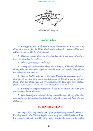 41
Hình 44. Gõ trống tai
PHÒNG BỆNH
1. Chú ý giữ vệ sinh tai, lấy ráy tai, không để nước vào tai, vỉ tai, mũi, họng
thông nhau, nếu bị cảm cúm không nên dùng sức quá mạnh xỉ mũi có thể làm nước
mũi vào tai tạo cơ hội cho bệnh viêm tai.
2. Có nhiều nguyên nhân gây nên bệnh điếc, khỉ ở tuổi trung niên nếu bị
bệnh nên gắng điều trị cho khỏi.
3. Đề phòng những bệnh nhiễm độc.
4. Những loại thuốc có chứa nhiều độc tố bảng A, B, kí ninh, dễ làm tổn
thương thần kinh thính giác. Ngoài ra thuốc lá, rượu, khí than đốt củng gây tác
hại không kém, cần tránh xa.
5. Tuổi già bị điếc phần lớn có liên quan đến bệnh huyết áp cao, huyết áp
tăng dần tới xơ cứng động mạch làm ảnh hương tới kết cấu trong tai, gây tổn
thương thần kinh thính giác, làm yếu khả năng nghe. Tuổi trung niên phát phì
(béo) nên chú ý tới vân đề này, tránh ăn những thức ăn có nhiều mỡ.
6. Các tiếng ồn cũng ảnh hưởng đến kết cấu của tai và thần kinh thính giác,
nên tránh nơi ồn ào, náo nhiệt.
7. Bệnh huyết áp cao, bệnh đái đường, viêm thận mạn tính, suy giảm chức
năng tuyến giáp, bệnh máu trắng ảnh hưởng nhiều tới tai, nếu mắc bệnh nên sớm
đi điều trị.
19. BỆNH ĐAU RĂNG
Sâu răng là bệnh răng thƣờng gặp. Ngƣời già bị sâu răng vĩnh viễn, không có
khả năng hàn và chữa, để chân răng sâu tồn tại trong hàm, rất bất lợi cho sức khỏe.
Lợi răng theo tuổi, tuổi cao thì lợi càng co gây cảm giác nhƣ răng mọc dài ra (thật
www.SachVui.Com
 