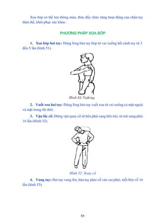 51
Xoa bóp có thể lƣu thông máu, thúc đẩy chức năng hoạt động của chân tay
thân thể, khôi phục sức khỏe.
PHƯƠNG PHÁP XOA BÓP
1. Xoa bóp hai tay: Dùng lòng bàn tay bóp từ vai xuống hết cánh tay từ 3
đến 5 lần (hình 51).
2. Vuốt xoa hai tay: Dùng lòng bàn tay vuốt xoa từ vai xuống cả mặt ngoài
và mặt trong thì thôi.
3. Vặn lắc cổ: Đứng vặn quay cổ từ bên phải sang bên trái, từ trái sang phải
16 lần (Hình 52).
Hình 52: Xoay cổ
4. Vung tay: Hai tay vung lên, bàn tay phải vỗ vào vai phải, mỗi bên vỗ 16
lần (hình 53).
 