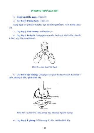 56
PHƯƠNG PHÁP XOA BÓP
1. Dùng huyệt Hạ quan: (Hình 23)
2. Day huyệt Dƣơng bạch: (Hình 23)
Dùng ngón tay giữa day huyệt (ở trên mí mắt một thốn) từ 3 đến 5 phút (hình
23).
3. Day huyệt Thái dƣơng: 50 lần (hình 4)
4. Day huyệt Tứ bạch: Dùng ngón tay trỏ ấn day huyệt (dƣới nhãn cầu mắt
1 thốn), day 100 lần (hình 64).
Hình 64: Day huyệt Tứ bạch
5. Day huyệt Địa thƣơng: Dùng ngón tay giữa day huyệt (cách đuôi mép 4
thốn, khoảng 3 đến 5 phút (hình 65).
Hình 65: Từ dưới lên Thừa tương, Địa Thương, Nghinh hương
6. Day huyệt Ế phong: Mỗi bên day 50 đến 100 lần (hình 42).
 