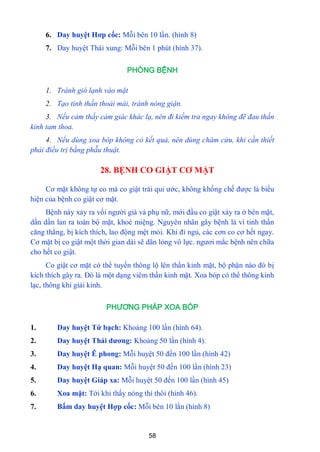 58
6. Day huyệt Hơp cốc: Mỗi bên 10 lần. (hình 8)
7. Day huyệt Thái xung: Mỗi bên 1 phút (hình 37).
PHÒNG BỆNH
1. Tránh gió lạnh vào mặt
2. Tạo tinh thần thoải mái, tránh nóng giận.
3. Nếu cảm thấy cảm giác khác lạ, nên đi kiềm tra ngay không đẽ đau thần
kinh tam thoa.
4. Nếu dùng xoa bóp không có kết quả, nên dùng châm cửu, khi cần thiết
phải điều trị bằng phẫu thuật.
28. BỆNH CO GIẬT CƠ MẶT
Cơ mặt không tự co mà co giật trái qui ƣớc, không khống chế đƣợc là biểu
hiện của bệnh co giật cơ mặt.
Bệnh này xảy ra vối ngƣời già và phụ nữ, mới đầu co giật xảy ra ở bên mặt,
dần dần lan ra toàn bộ mặt, khoé miệng. Nguyên nhân gây bệnh là vì tinh thần
căng thẳng, bị kích thích, lao động mệt mỏi. Khi đi ngủ, các cơn co cơ hết ngay.
Cơ mặt bị co giật một thời gian dài sẽ dãn lỏng vô lực. ngƣơi mắc bệnh nên chữa
cho hết co giật.
Co giật cơ mặt có thể tuyến thông lộ lên thần kinh mặt, bộ phận nào đó bị
kích thích gây ra. Đó là một dạng viêm thần kinh mặt. Xoa bóp có thể thông kinh
lạc, thông khí giải kinh.
PHƯƠNG PHÁP XOA BÓP
1. Day huyệt Tứ bạch: Khoảng 100 lần (hình 64).
2. Day huyệt Thái dƣơng: Khoảng 50 lần (hình 4).
3. Day huyệt Ẽ phong: Mỗi huyệt 50 đến 100 lần (hình 42)
4. Day huyệt Hạ quan: Mỗi huyệt 50 đến 100 lần (hình 23)
5. Day huyệt Giáp xa: Mỗi huyệt 50 đến 100 lần (hình 45)
6. Xoa mặt: Tới khi thấy nóng thì thôi (hình 46).
7. Bấm day huyệt Hợp cốc: Mỗi bên 10 lần (hình 8)
 