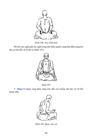 82
Hình 106. Xoa Tỉnh môn
Hít hơi vào, nghỉ giây lát, nghĩ trong tâm thấy quanh vùng Đan điền nóng lên
nhƣ có lửa đốt, từ từ thỏ ra (hình 107).
Hình 107
 Đoạn 5: Quay sang phải, sang trái: đầu cúi xuống vặn hai vai 36 lần
(hình 108)
Hình 108. Quay vặn vai
 