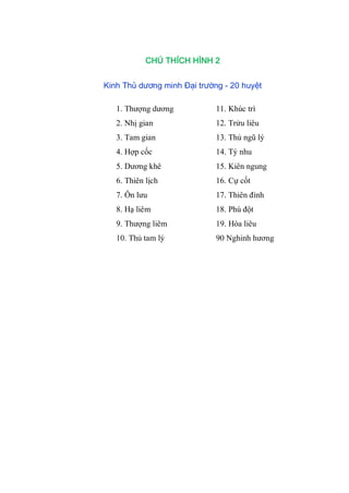 CHÚ THÍCH HÌNH 2
Kinh Thủ dương minh Đại trường - 20 huyệt
1. Thƣợng dƣơng 11. Khúc trì
2. Nhị gian 12. Trửu liêu
3. Tam gian 13. Thủ ngũ lý
4. Hợp cốc 14. Tý nhu
5. Dƣơng khê 15. Kiên ngung
6. Thiên lịch 16. Cự cốt
7. Ôn lƣu 17. Thiên đình
8. Hạ liêm 18. Phù đột
9. Thƣợng liêm 19. Hòa liêu
10. Thủ tam lý 90 Nghinh hƣơng
 