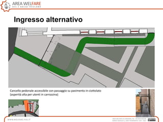 Ingresso alternativo
Cancello pedonale accessibile con passaggio su pavimento in ciottolato
(asperità alta per utenti in carrozzina)
 