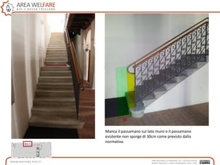 Manca il passamano sul lato muro e il passamano
esistente non sporge di 30cm come previsto dalla
normativa.
 