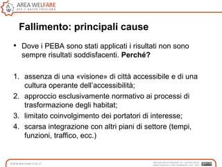 Fallimento: principali cause
• Dove i PEBA sono stati applicati i risultati non sono
sempre risultati soddisfacenti. Perché?
1. assenza di una «visione» di città accessibile e di una
cultura operante dell‟accessibilità;
2. approccio esclusivamente normativo ai processi di
trasformazione degli habitat;
3. limitato coinvolgimento dei portatori di interesse;
4. scarsa integrazione con altri piani di settore (tempi,
funzioni, traffico, ecc.)
 