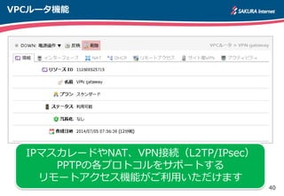 40
VPCルータ機能
IPマスカレードやNAT、VPN接続（L2TP/IPsec）
PPTPの各プロトコルをサポートする
リモートアクセス機能がご利用いただけます
 