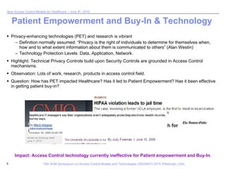 Patient Empowerment and Buy-In & Technology Privacy-enhancing technologies (PET) and research is vibrant Definition normally assumed: “Privacy is the right of individuals to determine for themselves when, how and to what extent information about them is communicated to others” (Alan Westin)  Technology Protection Levels: Data, Application, Network. Highlight: Technical Privacy Controls build upon Security Controls are grounded in Access Control mechanisms. Observation: Lots of work, research, products in access control field.  Question: How has PET impacted Healthcare? Has it led to Patient Empowerment? Has it been effective in getting patient buy-in? Impact: Access Control technology currently ineffective for Patient empowerment and Buy-In. 