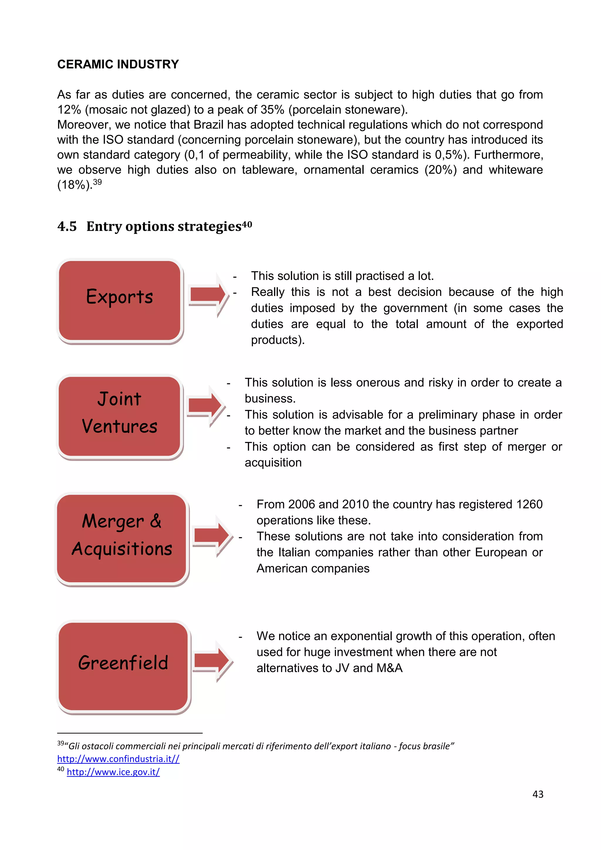 43
CERAMIC INDUSTRY
As far as duties are concerned, the ceramic sector is subject to high duties that go from
12% (mosaic not glazed) to a peak of 35% (porcelain stoneware).
Moreover, we notice that Brazil has adopted technical regulations which do not correspond
with the ISO standard (concerning porcelain stoneware), but the country has introduced its
own standard category (0,1 of permeability, while the ISO standard is 0,5%). Furthermore,
we observe high duties also on tableware, ornamental ceramics (20%) and whiteware
(18%).39
4.5 Entry options strategies40
39
“Gli ostacoli commerciali nei principali mercati di riferimento dell’export italiano - focus brasile”
http://www.confindustria.it//
40
http://www.ice.gov.it/
Exports
- This solution is still practised a lot.
- Really this is not a best decision because of the high
duties imposed by the government (in some cases the
duties are equal to the total amount of the exported
products).
Joint
Ventures
- This solution is less onerous and risky in order to create a
business.
- This solution is advisable for a preliminary phase in order
to better know the market and the business partner
- This option can be considered as first step of merger or
acquisition
Merger &
Acquisitions
- From 2006 and 2010 the country has registered 1260
operations like these.
- These solutions are not take into consideration from
the Italian companies rather than other European or
American companies
- We notice an exponential growth of this operation, often
used for huge investment when there are not
alternatives to JV and M&AGreenfield
 