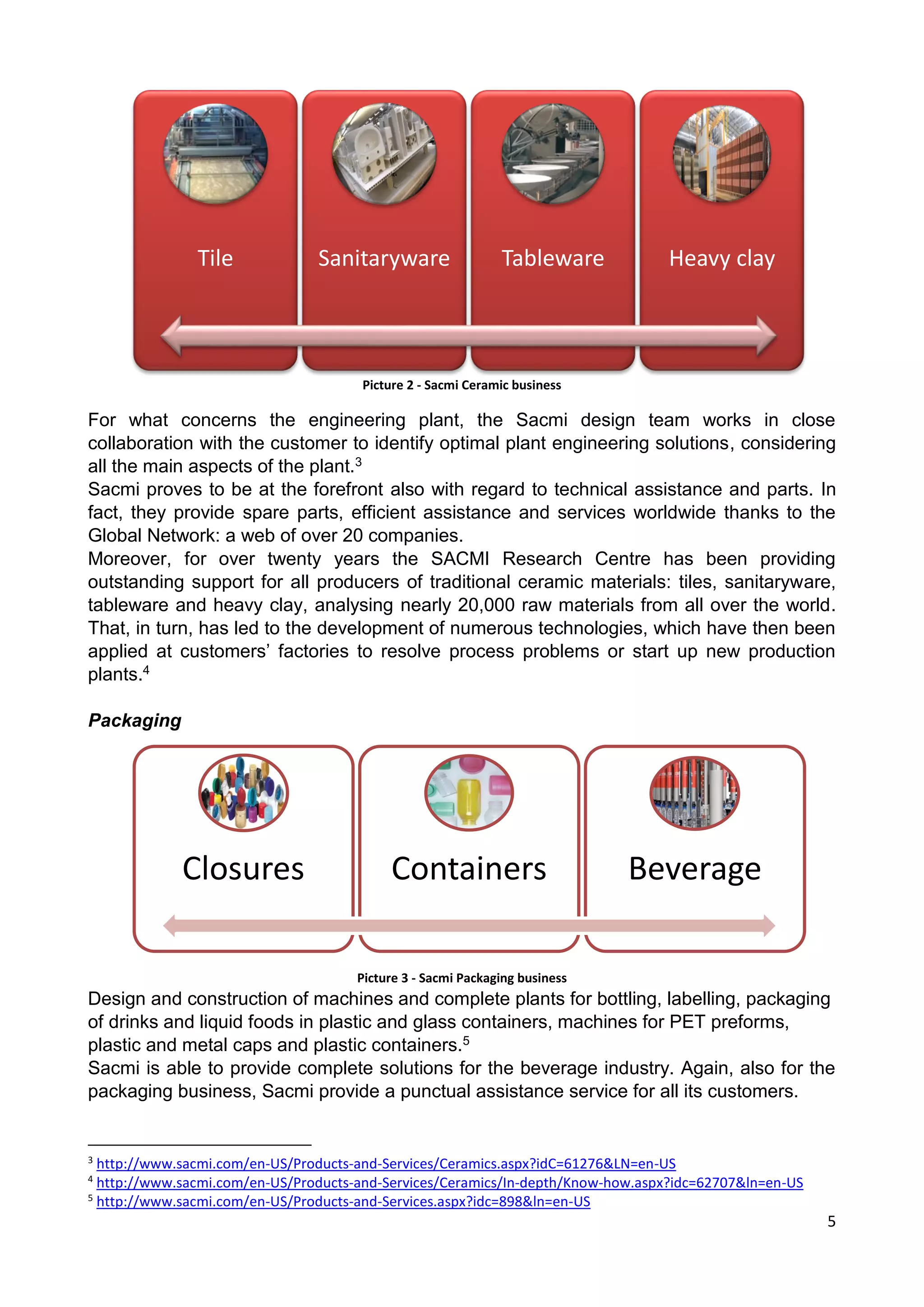 5
Picture 2 - Sacmi Ceramic business
For what concerns the engineering plant, the Sacmi design team works in close
collaboration with the customer to identify optimal plant engineering solutions, considering
all the main aspects of the plant.3
Sacmi proves to be at the forefront also with regard to technical assistance and parts. In
fact, they provide spare parts, efficient assistance and services worldwide thanks to the
Global Network: a web of over 20 companies.
Moreover, for over twenty years the SACMI Research Centre has been providing
outstanding support for all producers of traditional ceramic materials: tiles, sanitaryware,
tableware and heavy clay, analysing nearly 20,000 raw materials from all over the world.
That, in turn, has led to the development of numerous technologies, which have then been
applied at customers’ factories to resolve process problems or start up new production
plants.4
Packaging
Design and construction of machines and complete plants for bottling, labelling, packaging
of drinks and liquid foods in plastic and glass containers, machines for PET preforms,
plastic and metal caps and plastic containers.5
Sacmi is able to provide complete solutions for the beverage industry. Again, also for the
packaging business, Sacmi provide a punctual assistance service for all its customers.
3
http://www.sacmi.com/en-US/Products-and-Services/Ceramics.aspx?idC=61276&LN=en-US
4
http://www.sacmi.com/en-US/Products-and-Services/Ceramics/In-depth/Know-how.aspx?idc=62707&ln=en-US
5
http://www.sacmi.com/en-US/Products-and-Services.aspx?idc=898&ln=en-US
Tile Sanitaryware Tableware Heavy clay
Closures Containers Beverage
Picture 3 - Sacmi Packaging business
 
