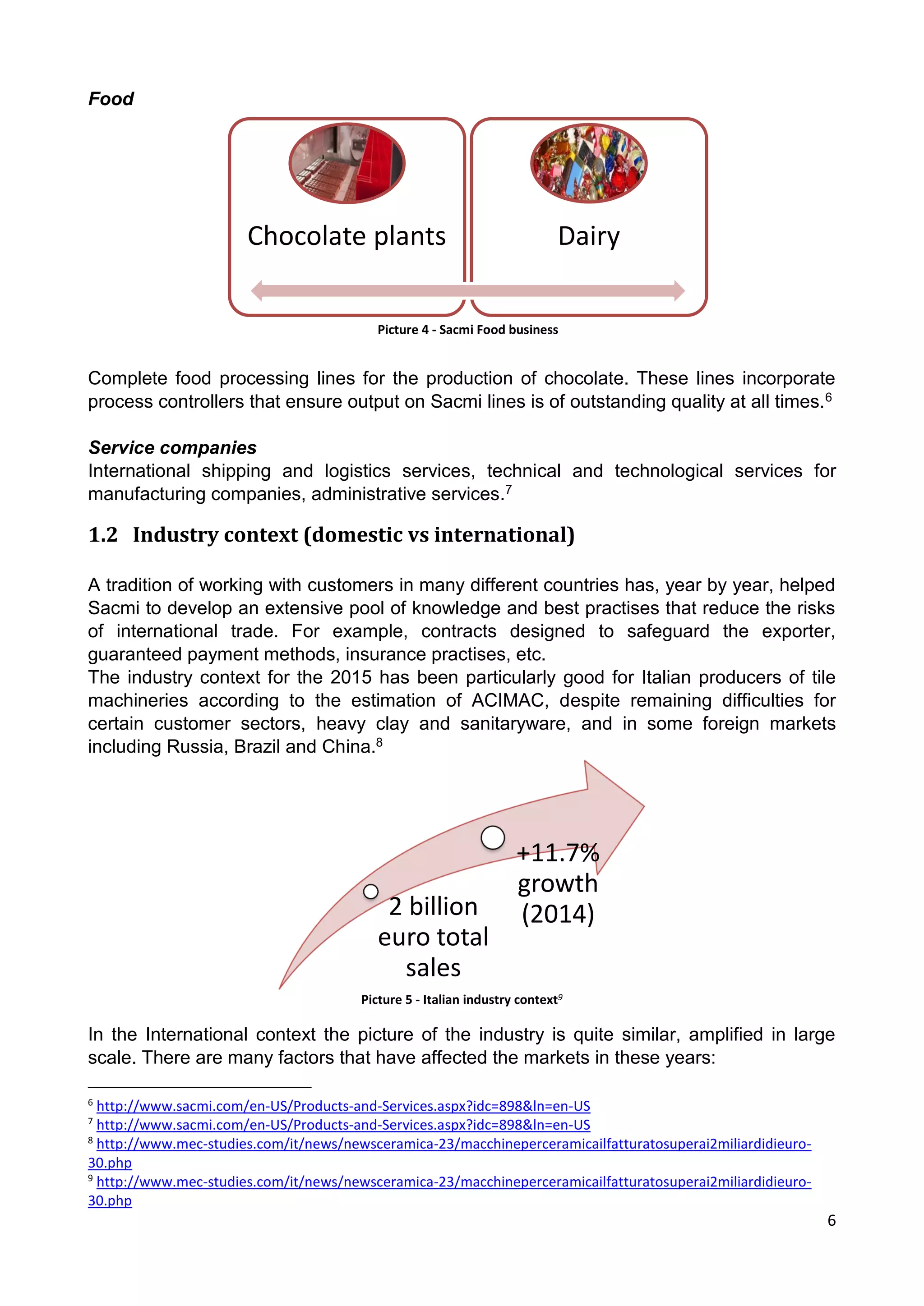 6
Food
Complete food processing lines for the production of chocolate. These lines incorporate
process controllers that ensure output on Sacmi lines is of outstanding quality at all times.6
Service companies
International shipping and logistics services, technical and technological services for
manufacturing companies, administrative services.7
1.2 Industry context (domestic vs international)
A tradition of working with customers in many different countries has, year by year, helped
Sacmi to develop an extensive pool of knowledge and best practises that reduce the risks
of international trade. For example, contracts designed to safeguard the exporter,
guaranteed payment methods, insurance practises, etc.
The industry context for the 2015 has been particularly good for Italian producers of tile
machineries according to the estimation of ACIMAC, despite remaining difficulties for
certain customer sectors, heavy clay and sanitaryware, and in some foreign markets
including Russia, Brazil and China.8
Picture 5 - Italian industry context9
In the International context the picture of the industry is quite similar, amplified in large
scale. There are many factors that have affected the markets in these years:
6
http://www.sacmi.com/en-US/Products-and-Services.aspx?idc=898&ln=en-US
7
http://www.sacmi.com/en-US/Products-and-Services.aspx?idc=898&ln=en-US
8
http://www.mec-studies.com/it/news/newsceramica-23/macchineperceramicailfatturatosuperai2miliardidieuro-
30.php
9
http://www.mec-studies.com/it/news/newsceramica-23/macchineperceramicailfatturatosuperai2miliardidieuro-
30.php
2 billion
euro total
sales
+11.7%
growth
(2014)
Chocolate plants Dairy
Picture 4 - Sacmi Food business
 