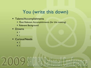 You (write this down) Talents/Accomplishments Most Relevant Accomplishments (for this meeting) Relevant Background Dreams ? ? Curious/Needs ? ? 