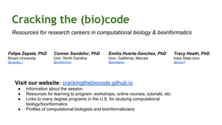 Cracking the (bio)code
Resources for research careers in computational biology & bioinformatics
Felipe Zapata, PhD
Brown University
@zapata_f
Conner Sandefur, PhD
Univ. North Carolina
@oshehoma
Emilia Huerta-Sanchez, PhD
Univ. California, Merced
@emiliahsc
Tracy Heath, PhD
Iowa State Univ.
@trayc7
Visit our website: crackingthebiocode.github.io
● Information about the session
● Resources for learning to program: workshops, online courses, tutorials, etc.
● Links to many degree programs in the U.S. for studying computational
biology/bioinformatics
● Profiles of computational biologists and bioinformaticians
 