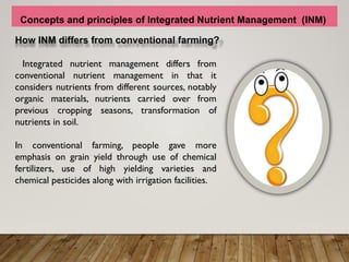 Concepts and principles of Integrated Nutrient Management (INM)
How INM differs from conventional farming?
Integrated nutrient management differs from
conventional nutrient management in that it
considers nutrients from different sources, notably
organic materials, nutrients carried over from
previous cropping seasons, transformation of
nutrients in soil.
In conventional farming, people gave more
emphasis on grain yield through use of chemical
fertilizers, use of high yielding varieties and
chemical pesticides along with irrigation facilities.
 