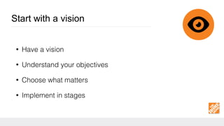 Start with a vision
• Have a vision
• Understand your objectives
• Choose what matters
• Implement in stages
 