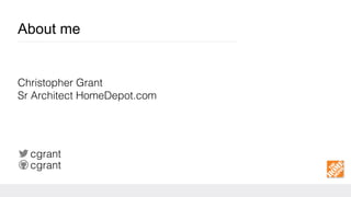 About me
Christopher Grant 
Sr Architect HomeDepot.com 
 
cgrant
cgrant
 