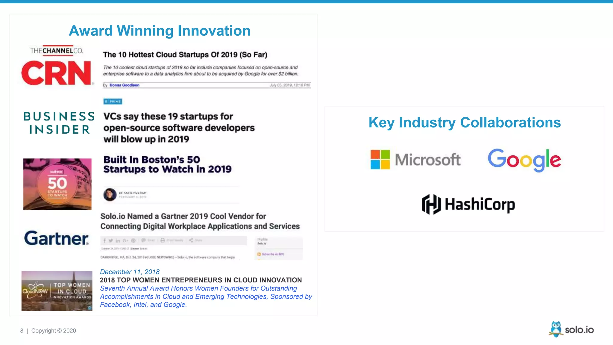 8 | Copyright © 2020 December 11, 2018 2018 TOP WOMEN ENTREPRENEURS IN CLOUD INNOVATION Seventh Annual Award Honors Women Founders for Outstanding Accomplishments in Cloud and Emerging Technologies, Sponsored by Facebook, Intel, and Google. Award Winning Innovation Key Industry Collaborations 
