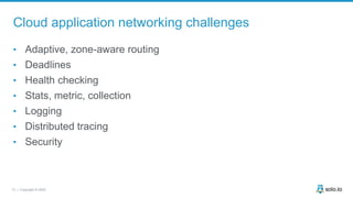 13 | Copyright © 2020
Cloud application networking challenges
• Adaptive, zone-aware routing
• Deadlines
• Health checking
• Stats, metric, collection
• Logging
• Distributed tracing
• Security
 