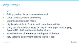 20 | Copyright © 2020
Why Envoy?
• C++
• Built ground-up for services environment
• Large, diverse, vibrant community
• Dynamic configuration model
• Highly extensible (in C++  we’ll come back to this)
• Many out of the box L7 filters (HTTP, HTTP2, grpc, redis, mysql,
DynamoDB, thrift, zookeeper, kafka, et. al.)
• Incredible trove of telemetry, tracing out of the box
• Very versatile deployment options (as we’ll see)
 
