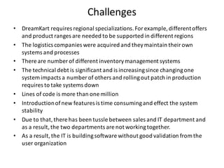 Challenges
• DreamKart requires	regional	specializations.	For	example,	different	offers	
and	product	ranges	are	needed	to	be	supported	in	different	regions
• The	logistics	companies	were	acquired	and	they	maintain	their	own	
systems	and	processes
• There	are	number	of	different	inventory	management	systems
• The	technical	debt	is	significant	and	is	increasing	since	changing	one	
system	impacts	a	number	of	others	and	rolling	out	patch	in	production	
requires	to	take	systems	down
• Lines	of	code	is	more	than	one	million	
• Introduction	of	new	features	is	time	consuming	and	effect	the	system	
stability
• Due	to	that,	there	has	been	tussle	between	sales	and	IT	department	and	
as	a	result,	the	two	departments	are	not	working	together.
• As	a	result,	the	IT	is	building	software	without	good	validation	from	the	
user	organization
 