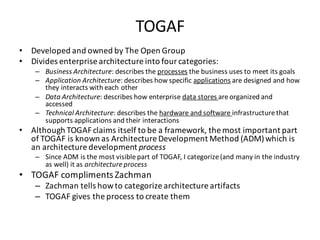 TOGAF
• Developed	and	owned	by	The	Open	Group
• Divides	enterprise	architecture	into	four	categories:
– Business	Architecture:	describes	the	processes the	business	uses	to	meet	its	goals
– Application	Architecture:	describes	how	specific	applications are	designed	and	how	
they	interacts	with	each	other
– Data	Architecture:	describes	how	enterprise	data	stores	are	organized	and	
accessed
– Technical	Architecture:	describes	the	hardware	and	software	infrastructure	that	
supports	applications	and	their	interactions
• Although	TOGAF	claims	itself	to	be	a	framework,	the	most	important	part	
of	TOGAF	is	known	as	Architecture	Development	Method	(ADM)	which	is	
an	architecture	development	process
– Since	ADM	is	the	most	visible	part	of	TOGAF,	I	categorize	(and	many	in	the	industry	
as	well)	it	as	architecture	process
• TOGAF	compliments	Zachman
– Zachman tells	how	to	categorize	architecture	artifacts
– TOGAF	gives	the	process	to	create	them
 